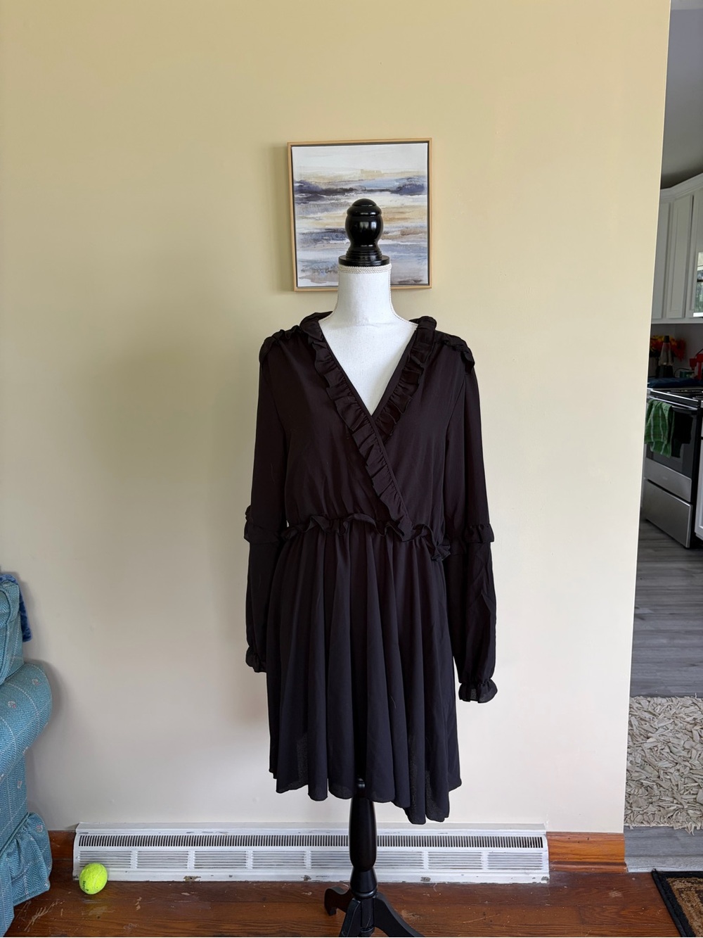 New Size 18 Boohoo Black Long-Sleeve Ruffle Accent Faux Wrap Dress